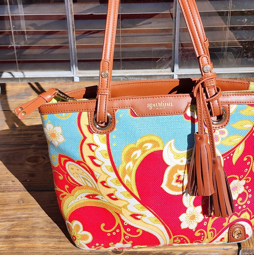 Spartina 449 Daufuskie Island linen Boho Cottagecore Floral purse tote bag Tassl - Picture 2 of 13